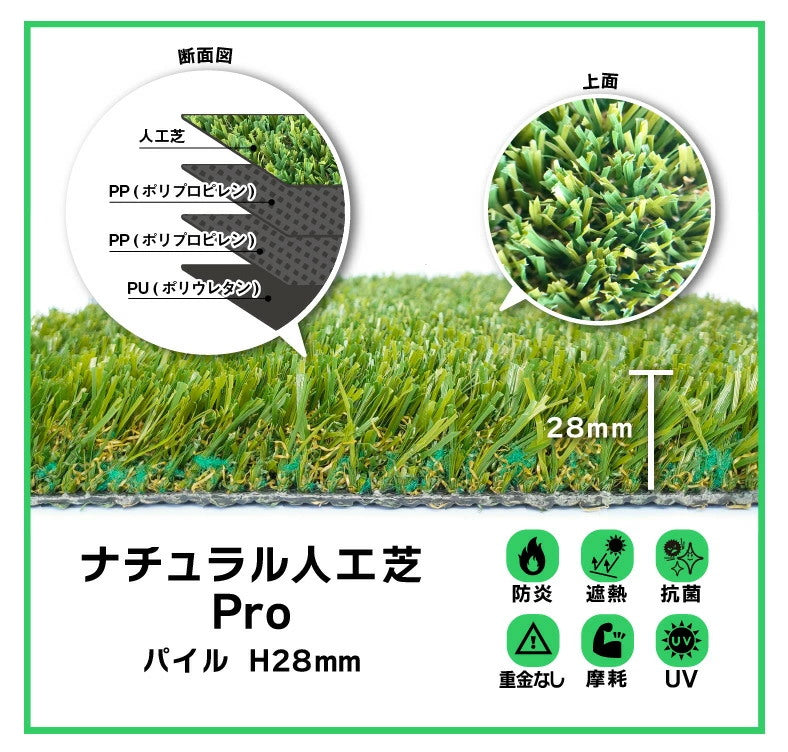 SLDS セルデス ナチュラル人工芝 Pro パイルW型 　（高密度・抗菌ﾀｲﾌﾟ） W1m×L10m×H28mm